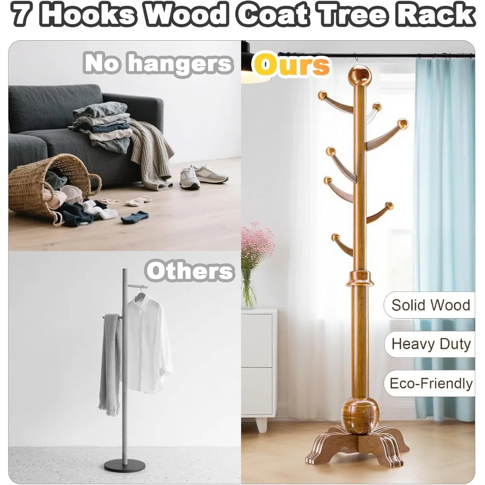 رف شجرة خشبي قائم بذاته بسبعة خطاف مع قاعدة كروية متينة وسعة 210 رطل