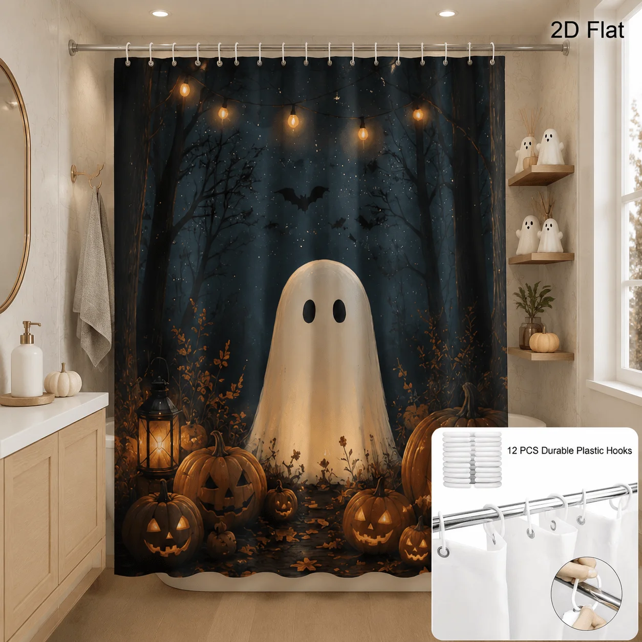 Halloween Ghost Pumpkin Shower Curtain 71X71 Inch Polyester Fabric with 12 Hooks, Dark Night Forest Bat Print Rustic Gothic Farm