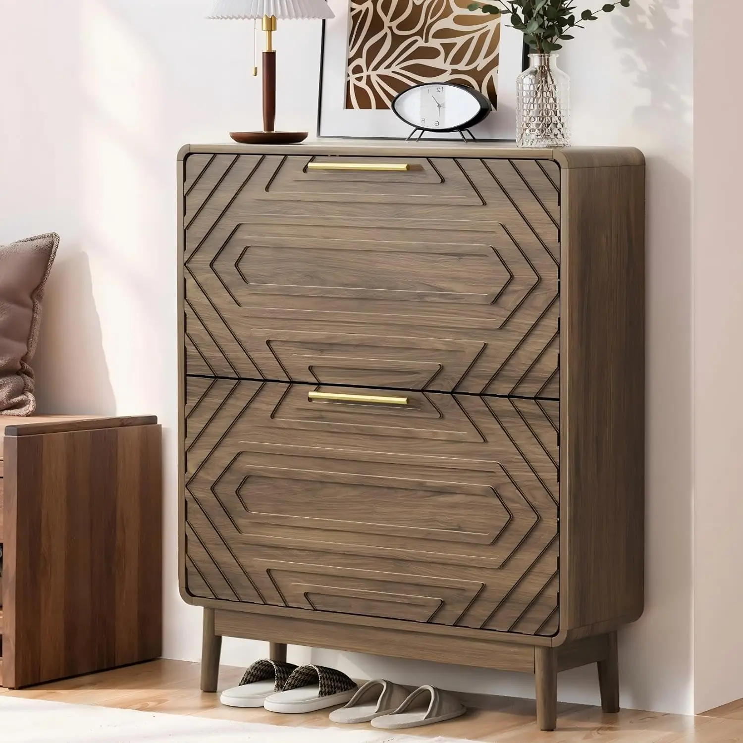 Shoe Cabinet with Hand-Carved Embossed 2 Flip Drawers, Narrow Freestanding Slim Shoe Organizer for Entryway, Wooden, Customized