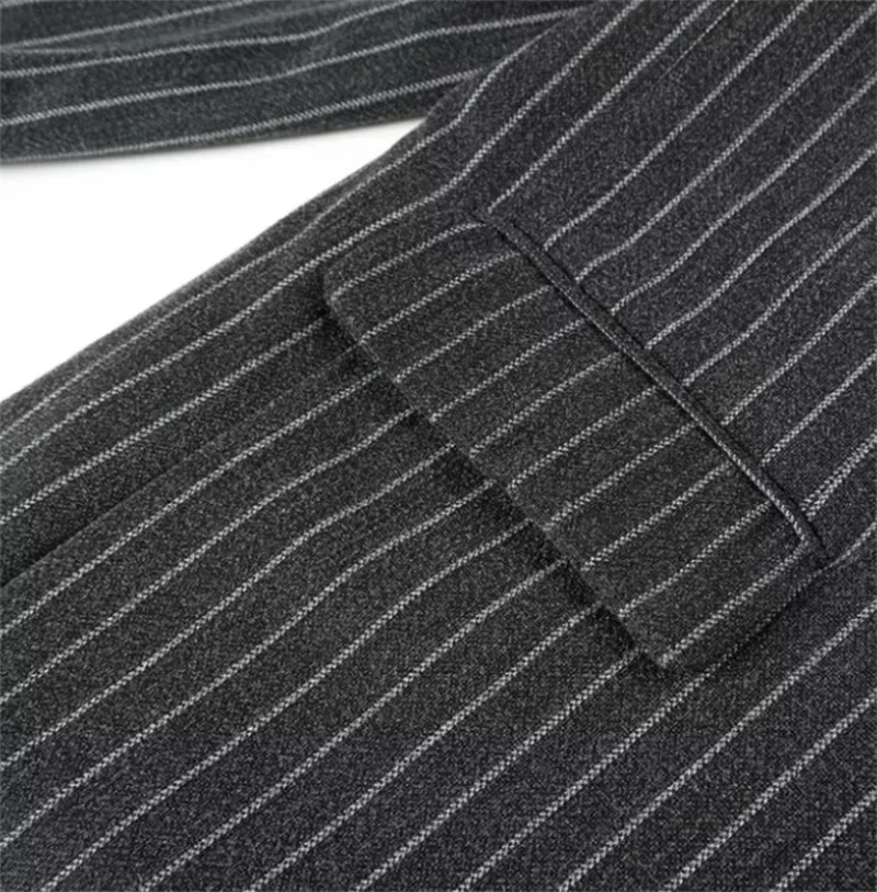 الرجعية مخطط التلبيب معطف طويل الصوف المرأة عادية فضفاض رمادي غامق معاطف كبيرة الحجم الإناث الشتاء أنيقة شيك أبلى