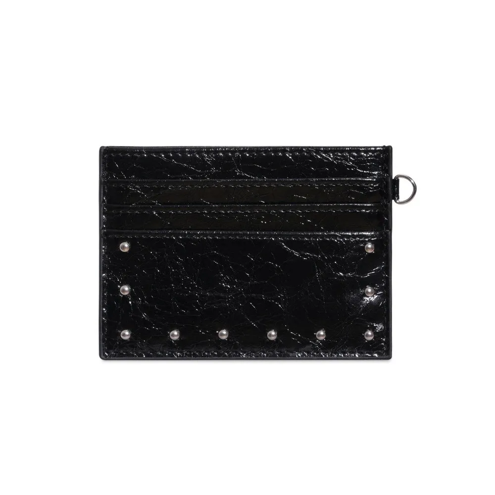 Compact Ultra Thin Cracked Leather Card Wallet Mini Size PU Rivet Card Holder Multiple Slots Solid Color Coin Purse Student