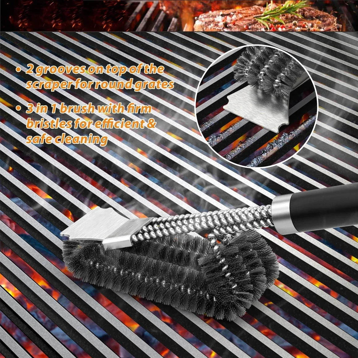 Edelstahl-Grillreinigungsbürste, Outdoor-BBQ-Grill-Drahtbürste mit Schaber, Grillzubehör, Picknickwerkzeuge 2027