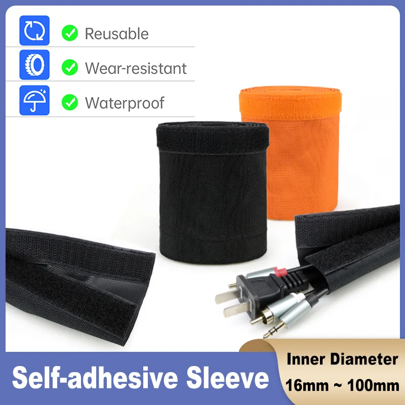 Reusable Self-adhesive PET Cable Sleeve 16mm - 100mm PVC Waterproof Velcro Harness Sheath Management Line Wrap Protect Organizer
