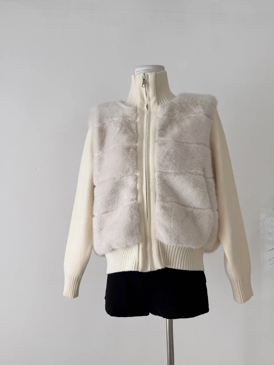 

Sli White Stand Collar ort Jaet Women's Faionable Mink Fur Lined Windproof Outerwear Fake Two-Piece Versatile for All