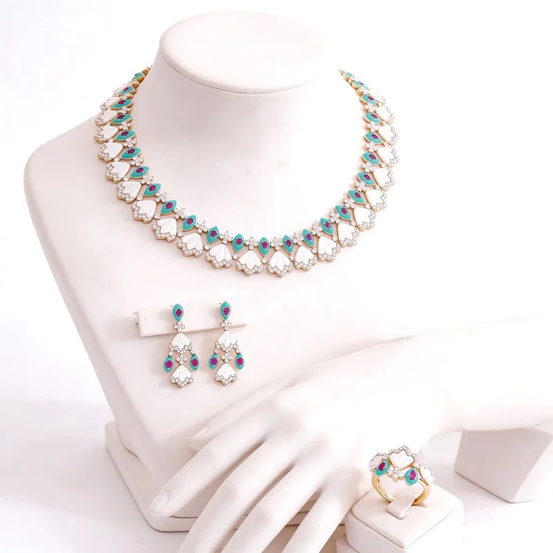 Vintage Fashion Style Ring Earrings Bracelet Necklace Women Lady Inlay Cubic Zircon Mother Of Pearl Tassels Party Jewelry Set