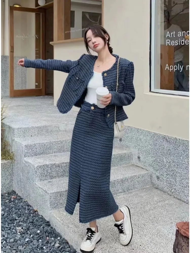 Spring Autumn New Luxury Korean Fashion Vintage Women Tweed 2 Piece Set Long Sleeves Coat Outwer + Casual Party Long Skirt Suits