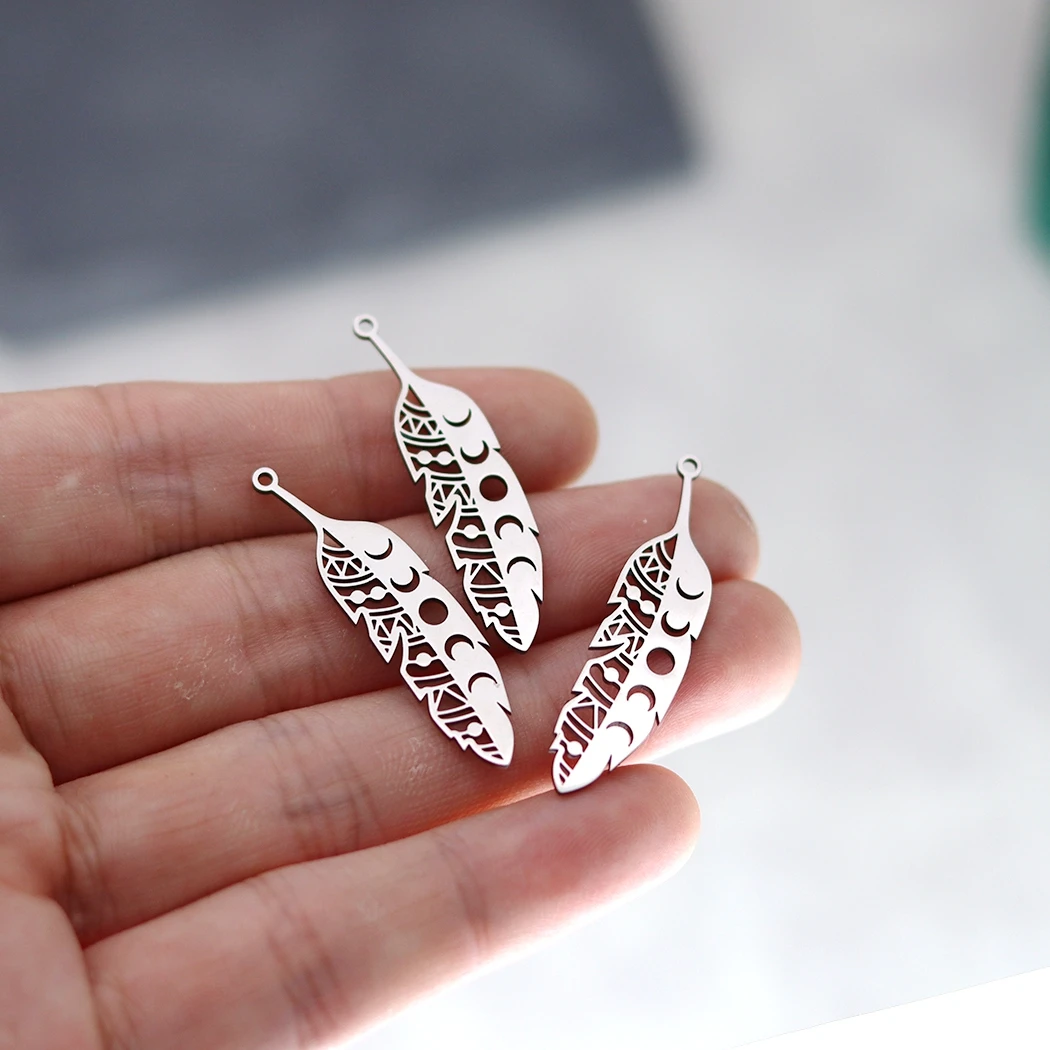 3pcs Feather Leaf Phase of the Moon Charms for Jewelry Making Trend Earrings Tassels Deco Findings Craft Stainless Steel Pendant