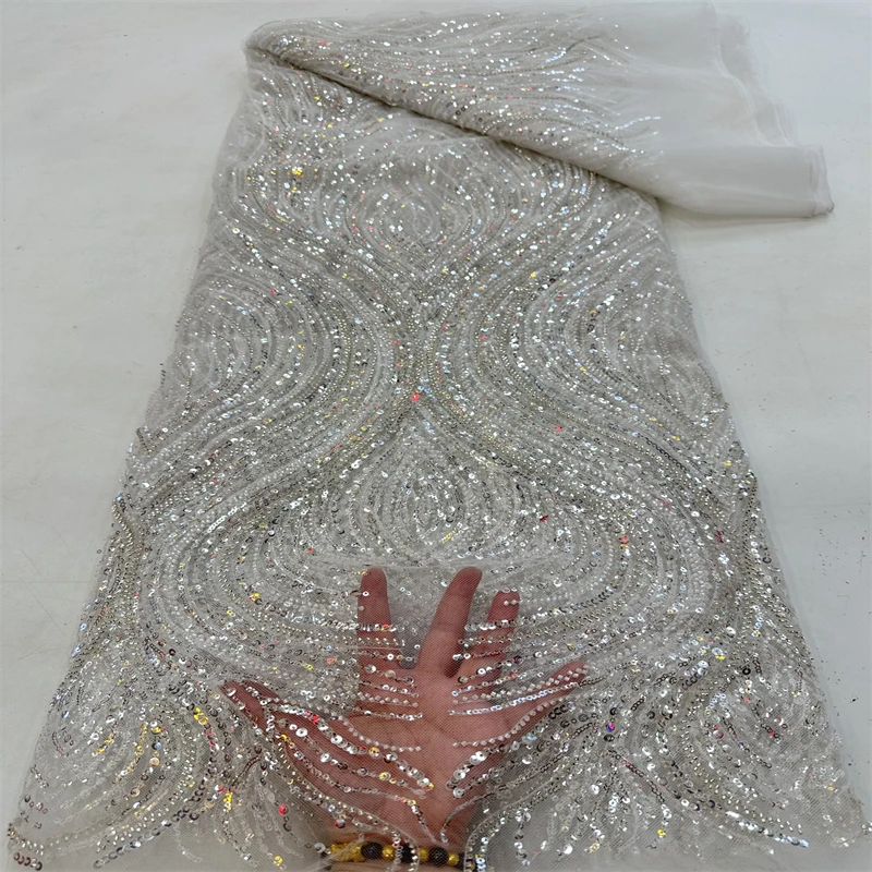 

Luxurious Nigerian African Beaded Lace Fabric High Quality Sequins Embroidery African French Lace Fabric For Sewing Dress
