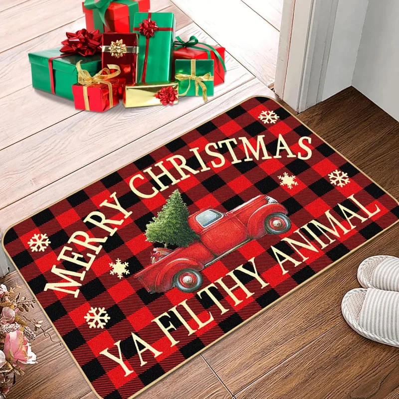 

Christmas doormat, buffalo grid retro truck entrance mat, animal welcome fun, winter flannel floor mat 50X80cm