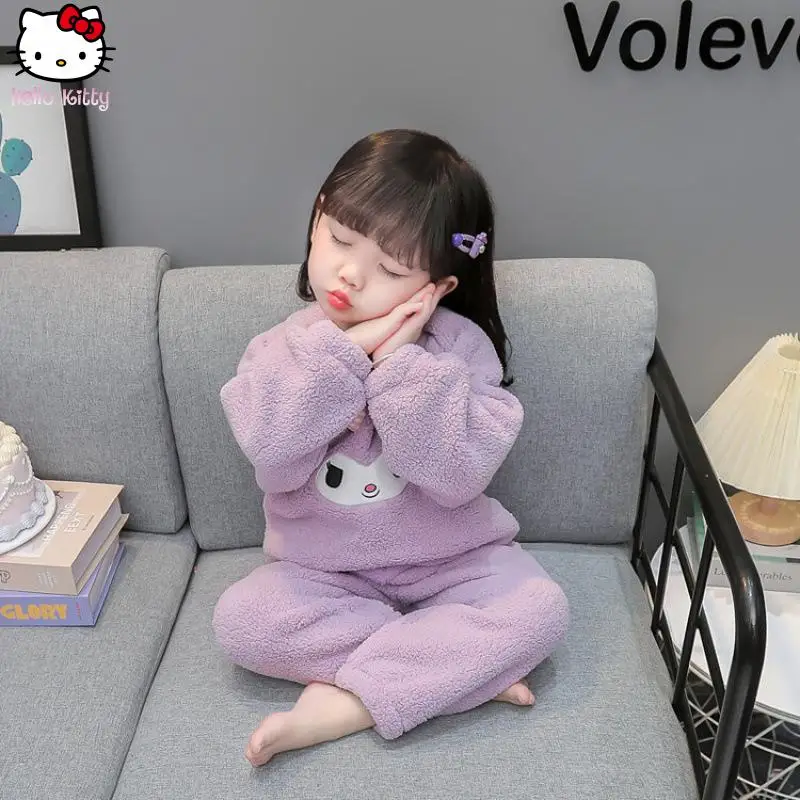أنيمي الفتيات Kuromi الدافئة بيجامة مجموعة Kawaii الخريف الشتاء جديد الكرتون سانريو الأطفال طويلة الأكمام بنطلون سميكة ملابس المنزل
