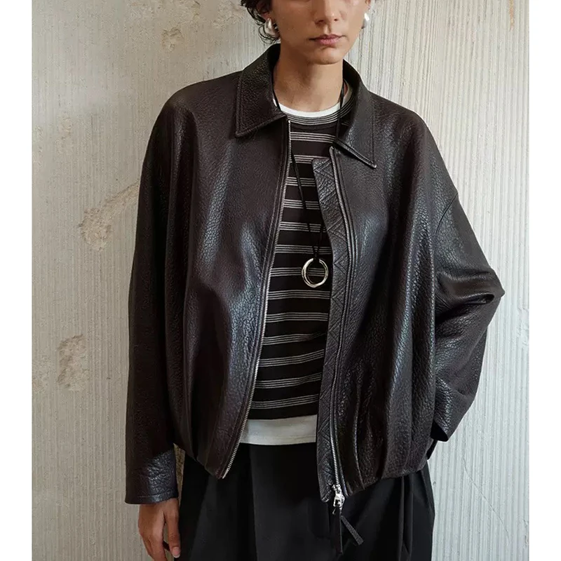 커피 가죽 재킷 가을 여성 심플 패션 라펠 지퍼 루즈 내추럴 텍스처 양가죽 폼 가죽 숏 코트 자케타