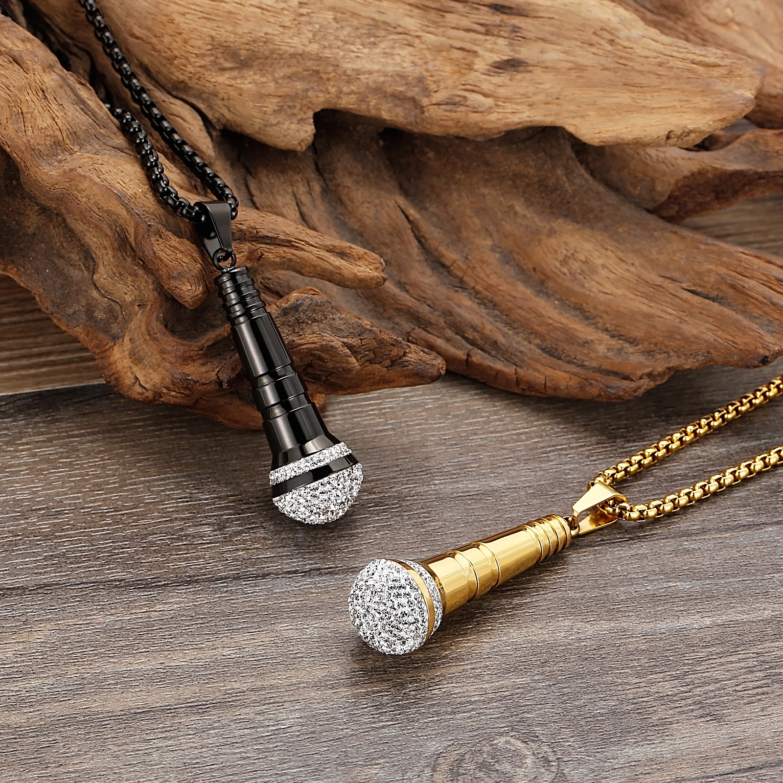 HAOYI Microphone Pendant Necklace Men 18K Gold Color Fashion Hip Hop Rhinestone Hhigh-end Stainless Steel Jewelry Onlyfans Gift