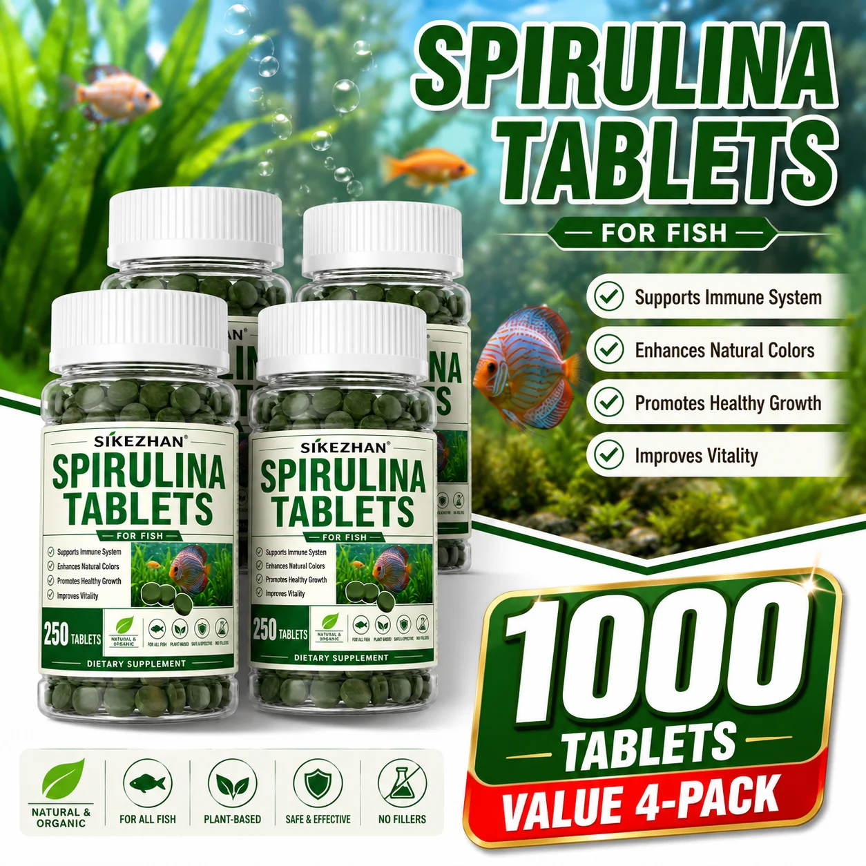1000 tabletas de espirulina de alta pureza, alimento enriquecido con algas espirales para mascotas, comida favorita para peces, camarones rojos cristalinos, alimento para peces de acuario