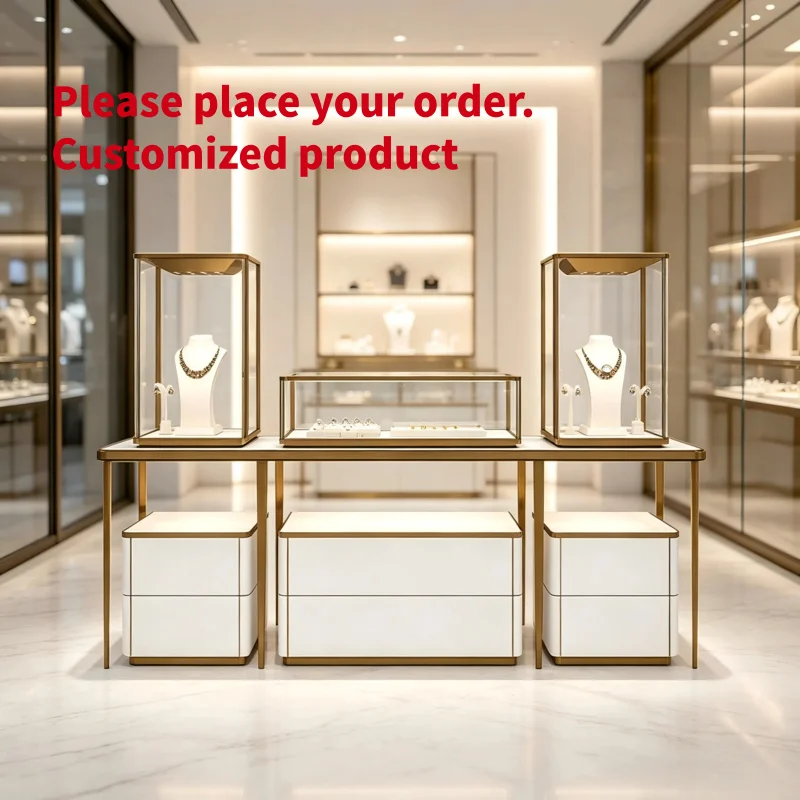custom.Luxury Symmetric Combo Jewelry Display Set Brushed Gold Metal Frame Tall Necklace Glass Low Ring Showcase White Lacq