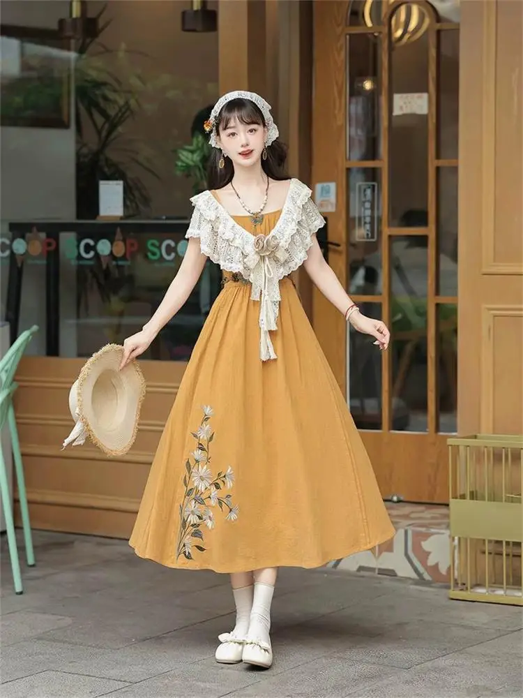 

Chinese Style Lolita Sweet Embroidery Shoulder Shawl Dress Set Hanfu Influence Commute Style Hollow out Lace Shirt Short Length