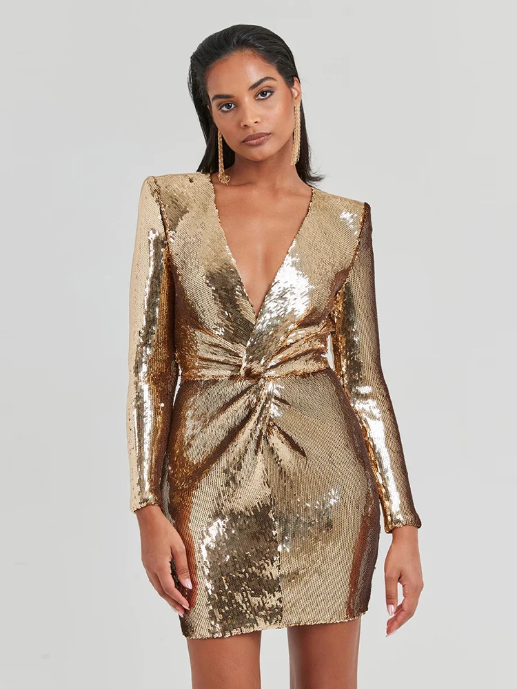 Women Long Sleeves Glitter Gold Mini Bodycon Dres Sexy Deep V Neck Sequins Bodycon Mini Dresses Celebrity Evening Party Club Ves