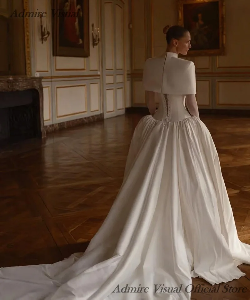 Admire Visual Customized Wedding Dress A-Line Satin Full Sleeves High Neck Neckline Basque Bride Gowns
