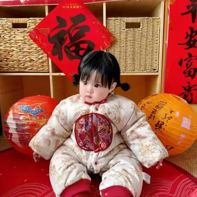 

Baby Winter Outfit Bodysuit Thickened Fleece Baby Boy Infant Toddler 100 Days First Birthday Winter Outdoor Formal Warm Wear