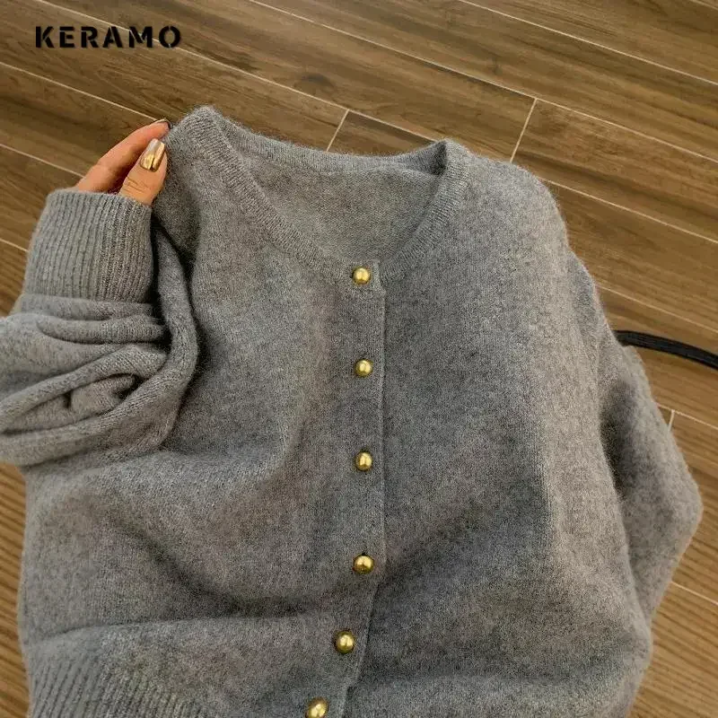 Luxury Grey Knitting Long Sleeve Round Neck Chic Cardigans 2024 Winter Korean Fashion Women Single Breasted Warm Sweater Top