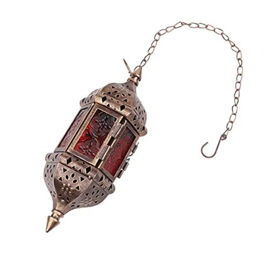 2 Pcs Hanging Hexagon Decorative Moroccan Candle Lantern Holders, Handmade Hanging Tea Light Holder in Bronze Metal and Red and view 4