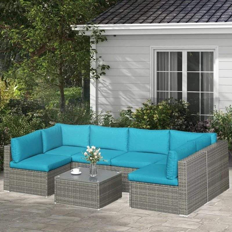 

Outdoor furniture set wicker sofa with glass table and removable cushions