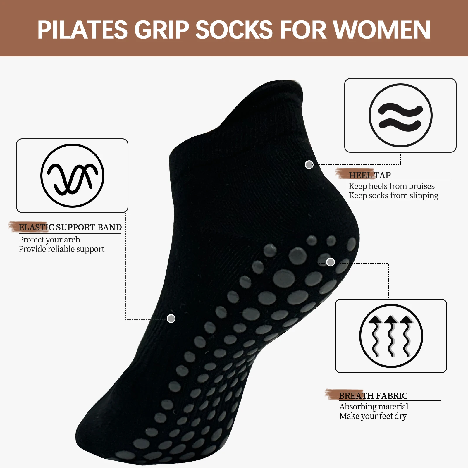 HA WA Women Non-Slip Pilates Boat Socks Indoor Breathable Fitness Cotton Yoga Dance Sports Training Short Stocking