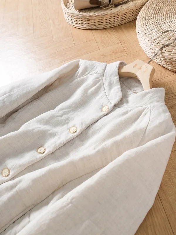 سترة قطنية سميكة بياقة عالية مقاومة للرياح بأسلوب فني للنساء، ملابس قطنية للخريف والشتاء بأكمام طويلة وزر واحد