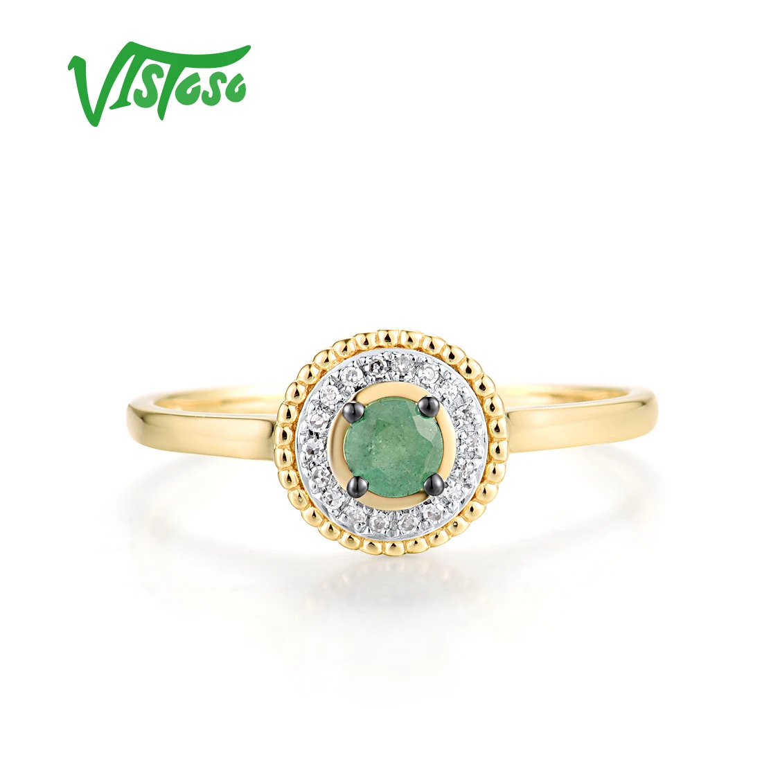 VISTOSO Genunine 14K 585 Yellow Gold Ring For Women Sparkling Diamond Emerald Round Ring Elegant Wedding Engagement Fine Jewelry