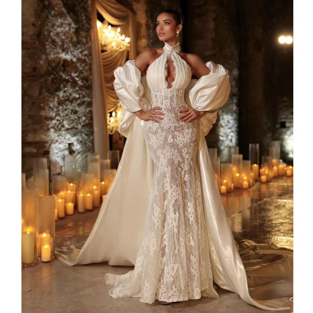 

High Collar Mermaid Wedding Dresses Lace Appliques Hollow Out Vestido de Novia with Wrap Customized Floor Length Vestidos