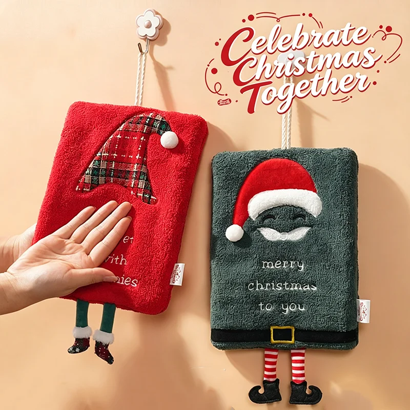 4 Styles Christmas Hanging Hand Towels, Fluffy Coral Fleece Super Absorbent Towel for Kitchen Washroom Holiday Xmas Decor