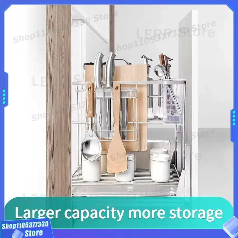 201 Stainless Steel Seasoning Rack Heavy Duty Hydraulic Buffer Storage Shelf for Bar Cafe Cabinet Kitchen Spice Organizer