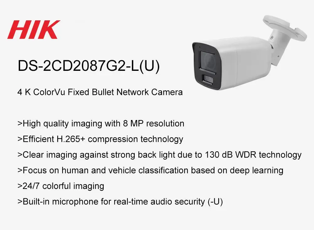 ColorVu-cámara IP Bullet de 8MP, OEM HIK, reemplazo de DS-2CD2087G2-LU, micrófono incorporado, detección de vehículos humanos, ranura para tarjeta SD, vigilancia