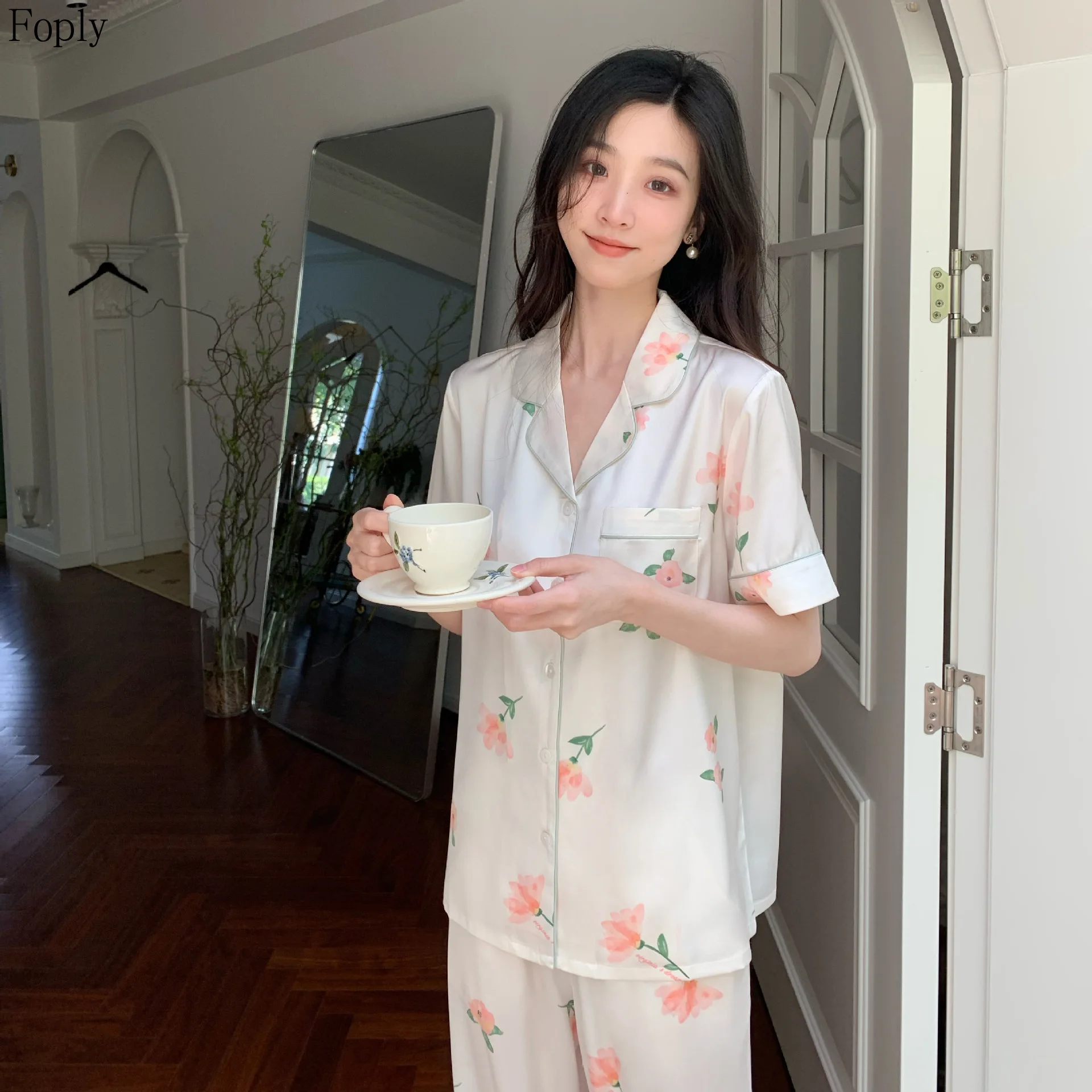 

All Flower Woman Pyjamas Spring Summer 2 Piece Pajama Faux Silk Satin Sleepwear Short Sleeve Pants Pijama Mujer Pjs Loungewear