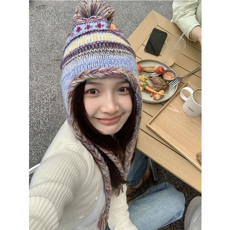 

Japanese Ethnic Style Knitted Pullover Hat Women Fashion Contrasting Colors Winter Warm Retro Lace-up Ear Protection Beanie Cap