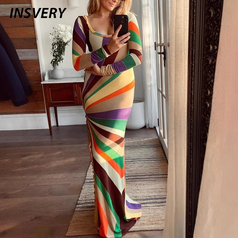 Vestido largo sexi con estampado de rayas coloridas para mujer, vestidos ajustados para mujer, vestido de noche de fiesta de arcoíris ajustado de otoño
