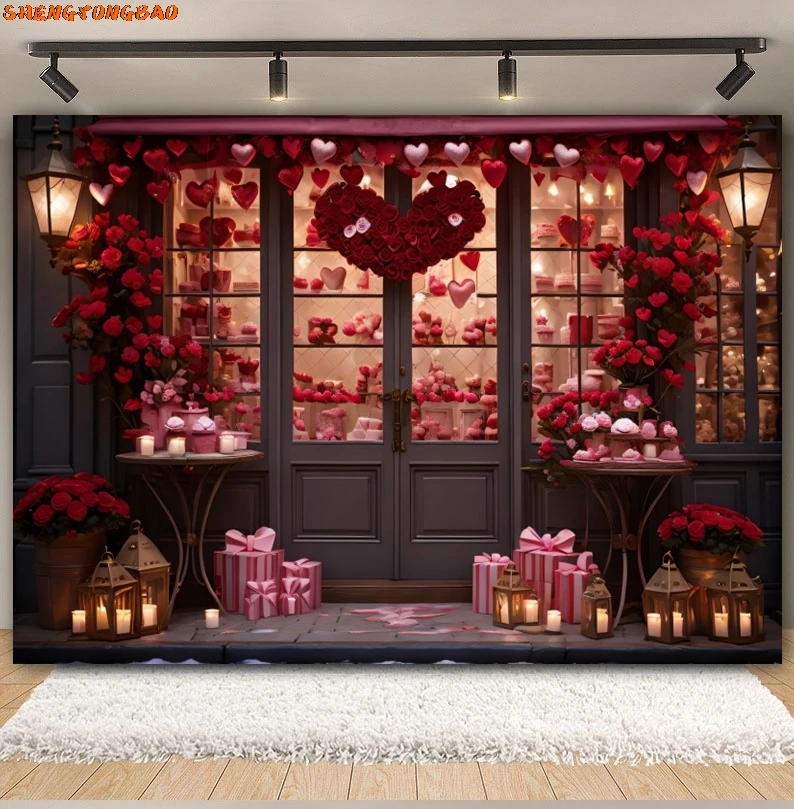 February 14 Valentine's Day Backdrop Rose Flower Store Window Red Love Heart Romantic Valentine Wedding Photography Background