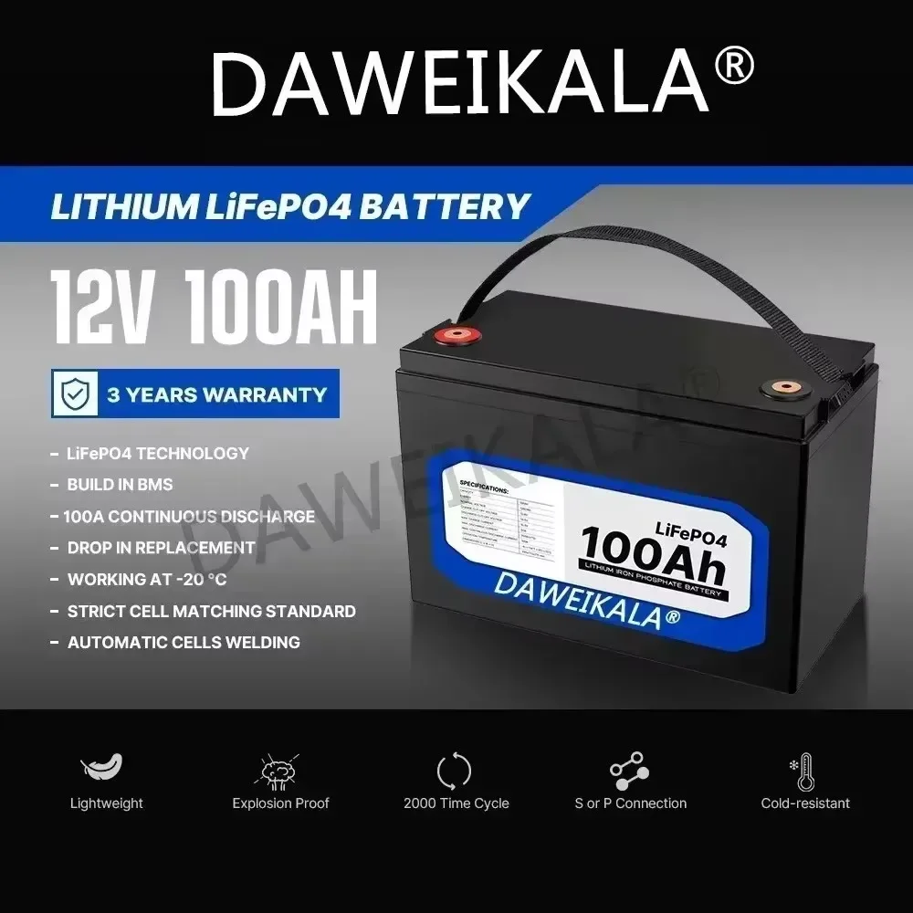 12V 100Ah LiFePO4 Battery with Built-in BMS - Long-Lasting for Solar System, RV, Home & Marine