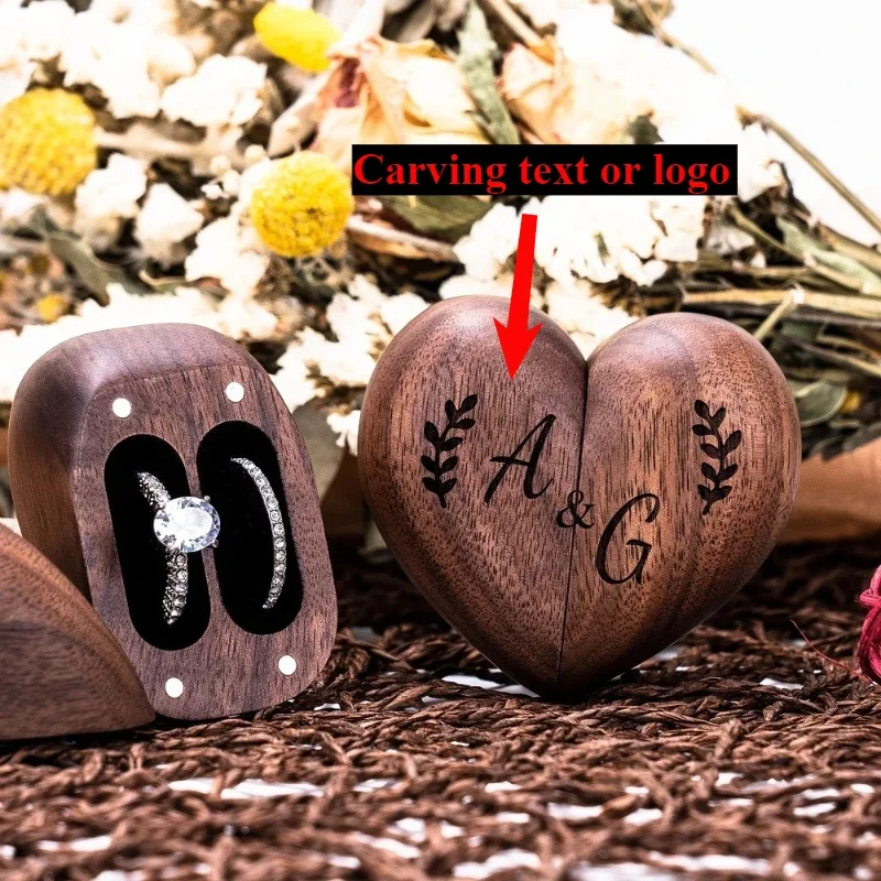 Engraved Walnut Wood Heart-Shaped Double Ring Box for Wedding/Anniversary Gifts Jewelry Organizer