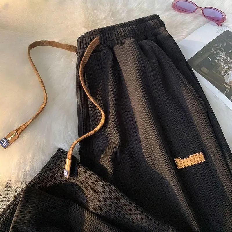 Simplicity Trend Summer Casual Pants Men's Elastic Waist Drawstring Pocket Quick Drying Thin Ice Silk Wide Leg Straight Trousers