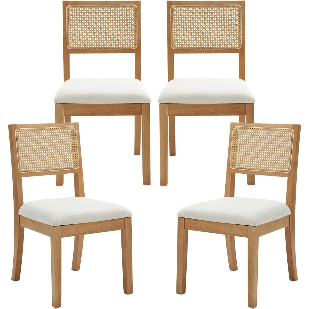 Rattan Dining Chairs Set of 4,Farmhouse Natural Dining Room Chairs  Upholstered Cushion, Wood Armless Chairs Kitchen/Restaurant