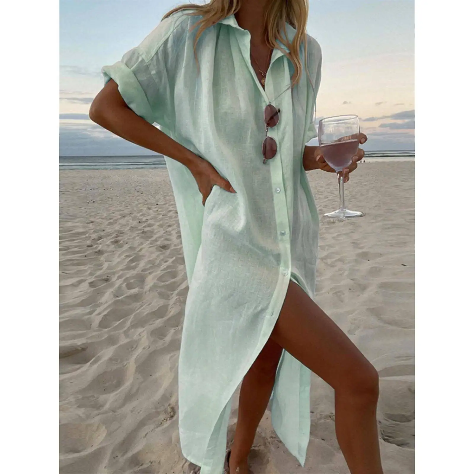 Dames Pure Color Casual Long Sve irt Dr Tee-kwartlengte Button-Up Skater Dr voor Ci Walks en winterkleding