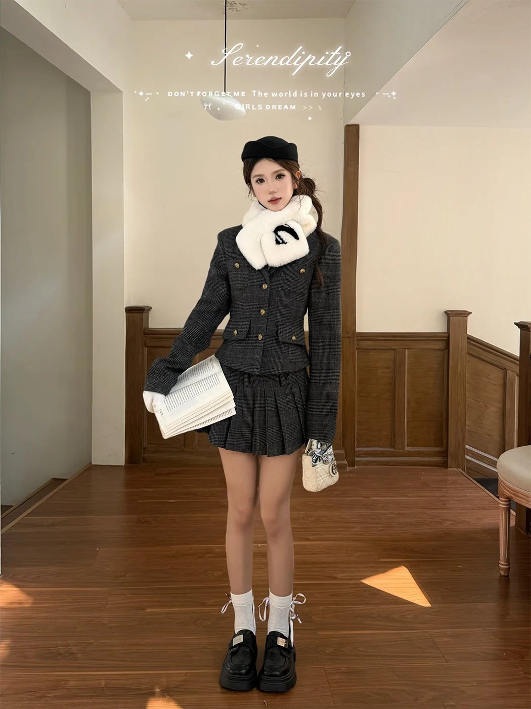 

MOXI High-End Player Women's Woolen Suit Jaet with Waist-Cinching Design And f-length Pleated A-line Skirt Set