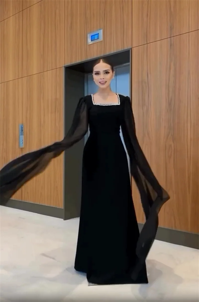

Arabia Prom Dress Black Luxury Pearls Elegant Square Neck Extend Full Sleeve Long Robes Formal Pageant Party Evening Gown