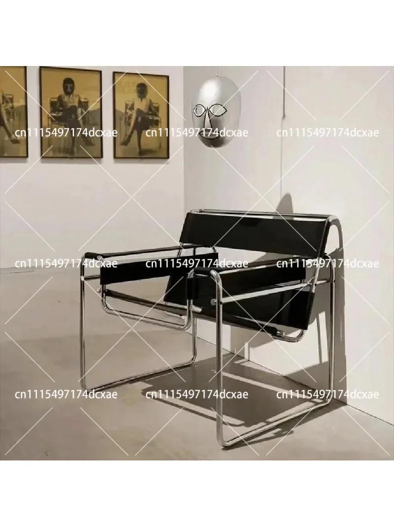 Mid Century Modern Leather Sling Chair Tubular Steel Minimalist Lounge Armchair