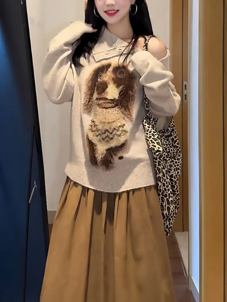 

Вязаный свитер с ретро-принтом собак, женский свободный повседневный свитер с длинными рукавами и высоким воротником, осенняя новинка, удобный уютный свитер