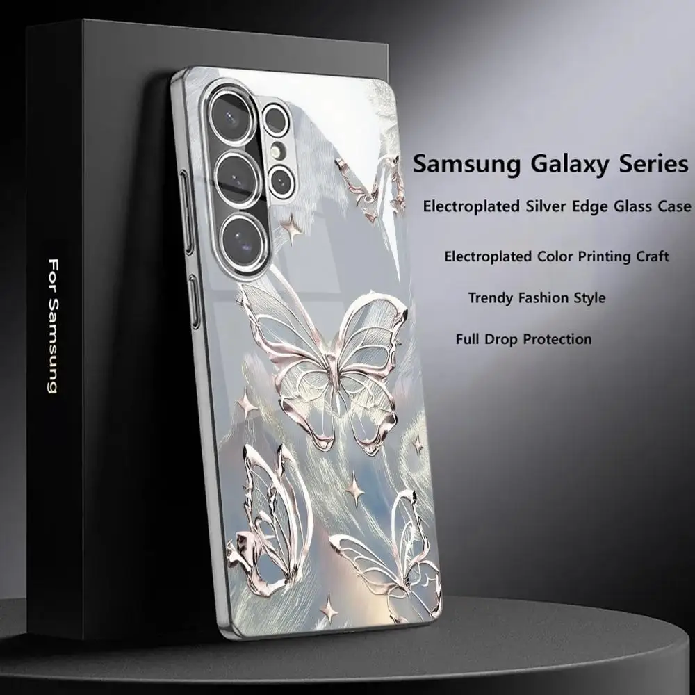 Electroplated Silver Edge Glass Phone Case For Samsung Galaxy S24 Ultra S25FE S26PLUS Rose Butterfly Print Protective Shell
