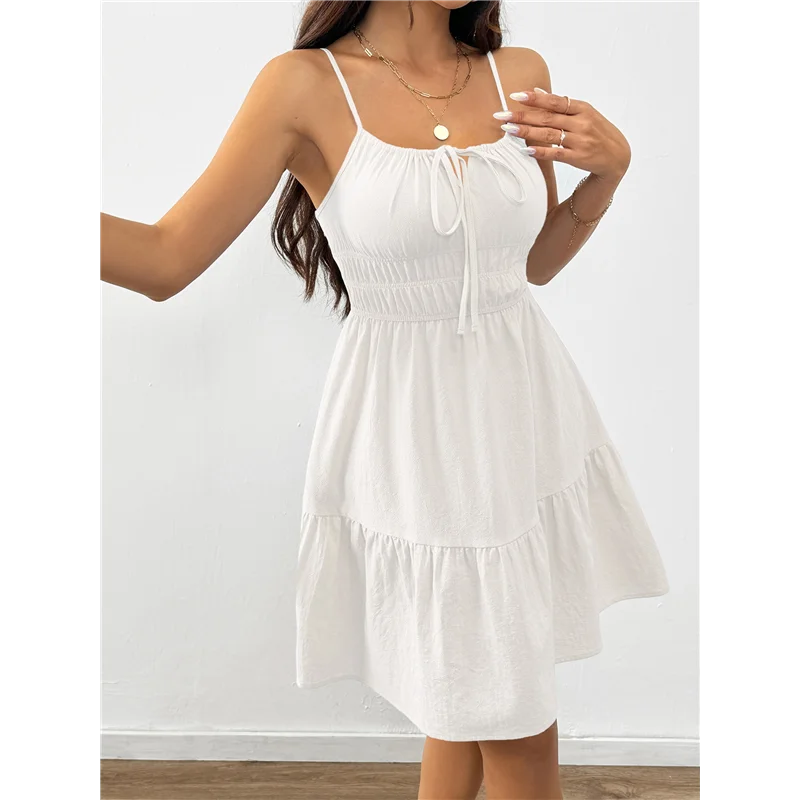 【Decorazione per feste】 Mini abito estivo da donna con cinturino per spaghetti, collo quadrato, senza maniche, vita smock, prendisole fluidi a strati