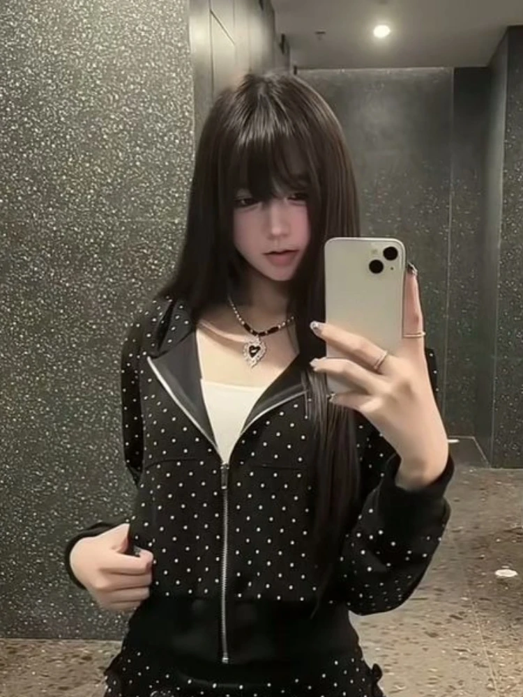 Y2K Sweet Polka Dot Print Short Coat Women Letter Embroidery Cropped Zip Up Hooded Jacket Autumn Long Sleeve Black Gothic Hoodie