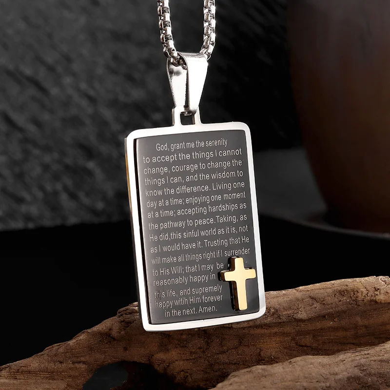 Stainless Steel Christian Jesus Cross Bible Verse Square Pendant Necklace for Men Women Religious Prayer Amulet Jewelry