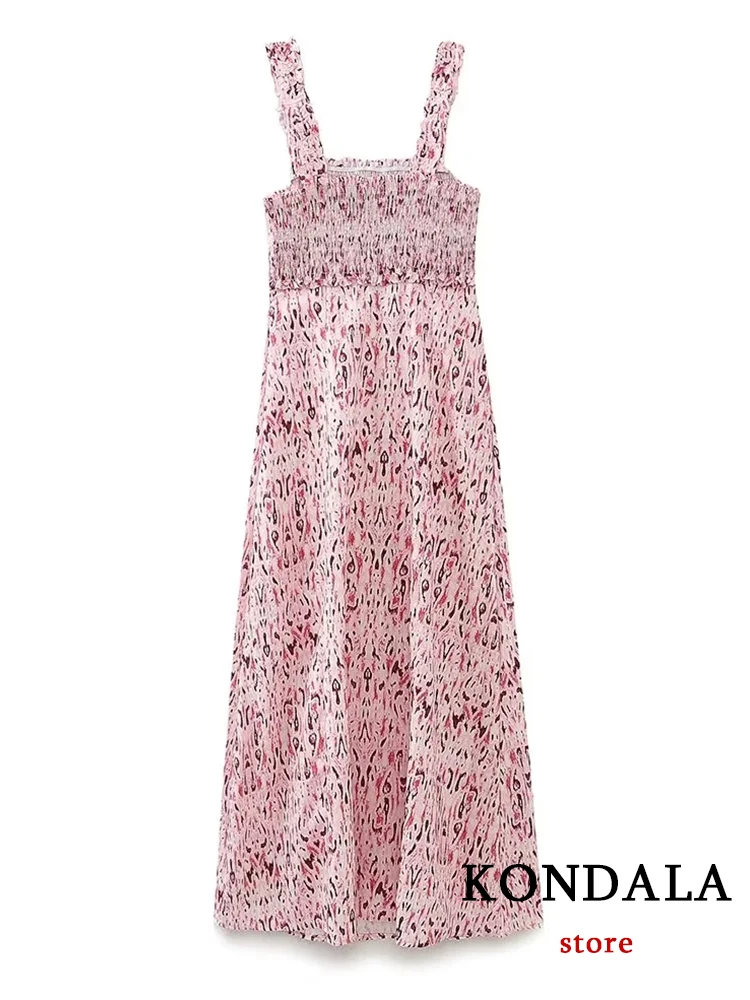 

KONDALA Chic Print Solid Pink Fashion 2023 Summer Elegant Holiday Women Cami Long Dress Vintage Holiday Slim Party Mujer Vestido